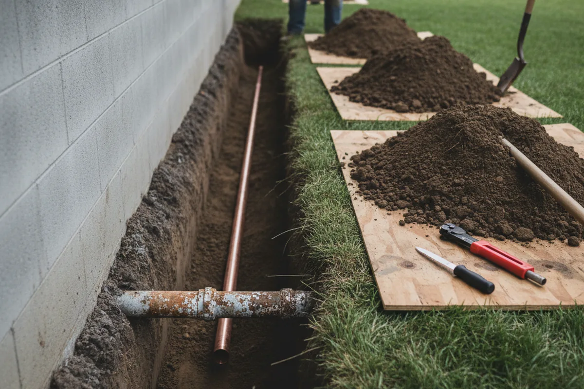 Excavated water line trench during Water Heater Repair in Homer